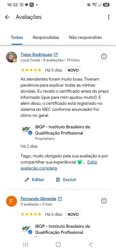 Avaliação 5 estrelas de aluno no Google