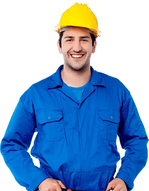 Profissional sorrindo, de capacete e uniforme de trabalho
