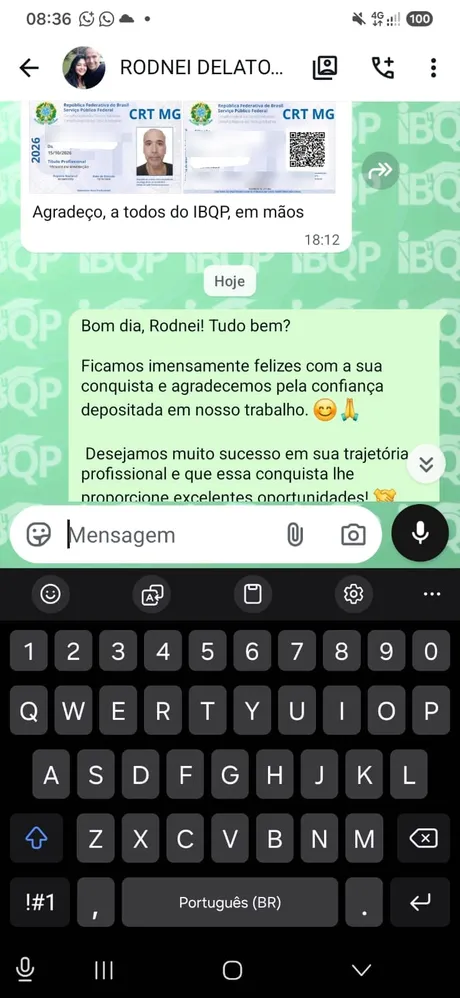 Mensagem de aluno agradecendo ao IBQP pela certificação (dados pessoais desfocados)
