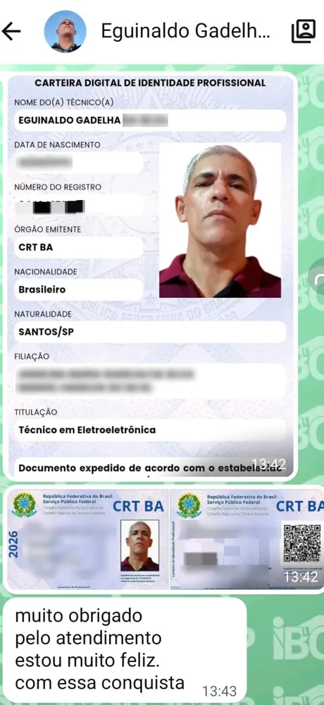 Mensagem de aluno agradecendo ao IBQP pela certificação (dados pessoais desfocados)