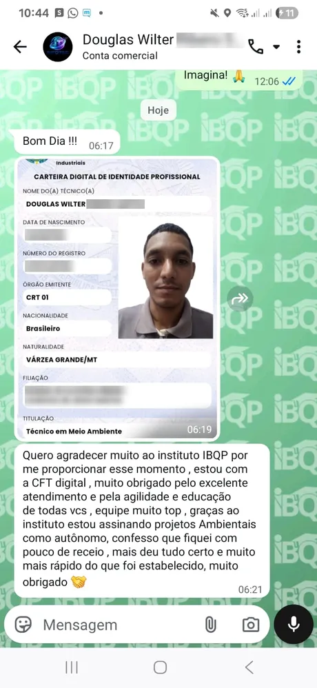 Mensagem de aluno agradecendo ao IBQP pela certificação (dados pessoais desfocados)