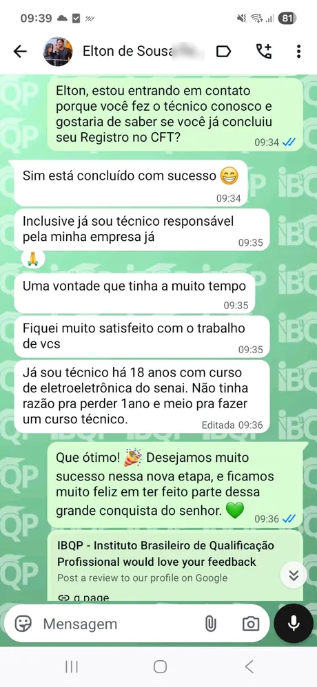 Mensagem de aluno agradecendo ao IBQP pela certificação (dados pessoais desfocados)